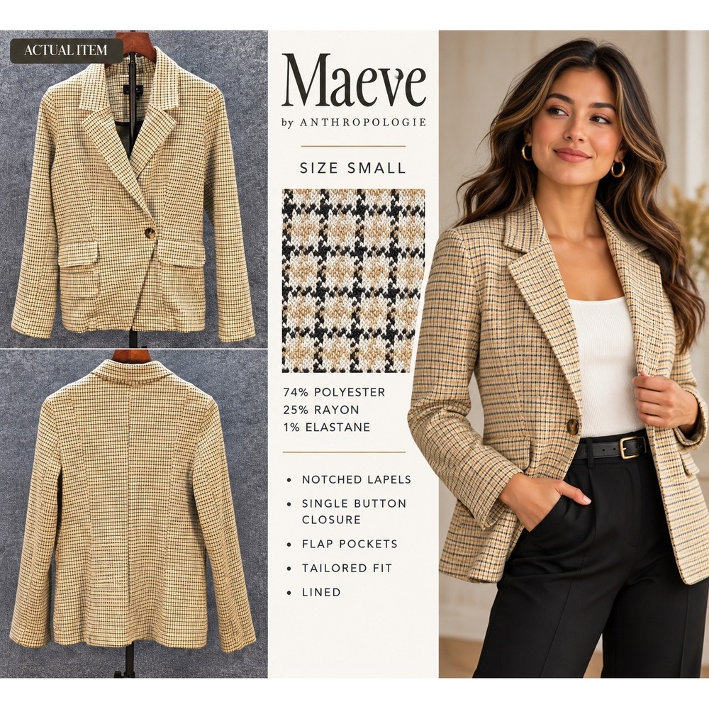 Maeve Anthropologie Blazer Womens Plaid Tan Small Excellent Dark Academia
